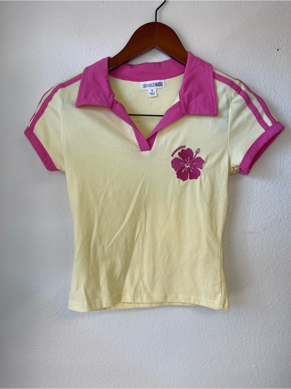 ORANGekiss Yellow Polo Tee with Pink Trim and Embroidery